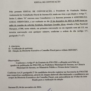 EDITAL DE CONVOCAÇÃO ASSEMBLÉIA GERAL ORDINÁRIA, PARA ELEIÇÃO DA DIRETORIA E CONSELHO FISCAL REF: TRIÊNIO 2025 A 2027 a ser realizada no dia 15 de dezembro de 2024 ás 8:00 horas EDITAL DE CONVOCAÇÃO ASSEMBLÉIA GERAL ORDINÁRIA, PARA ELEIÇÃO DA DIRETORIA E CONSELHO FISCAL REF: TRIÊNIO 2025 A 2027 a ser realizada no dia 15 de dezembro de 2024 ás 8:00 horas