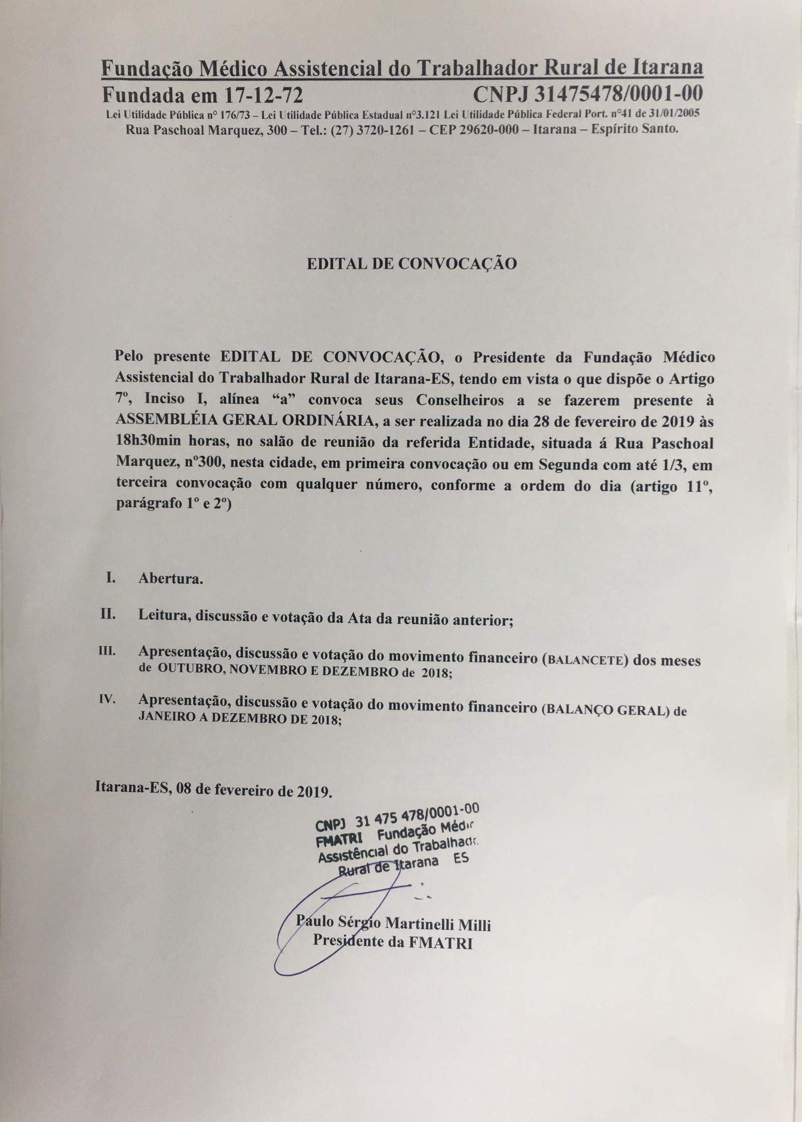 EDITAL DE CONVOCAÇÃO ASSEMBLÉIA GERAL ORDINÁRIA 