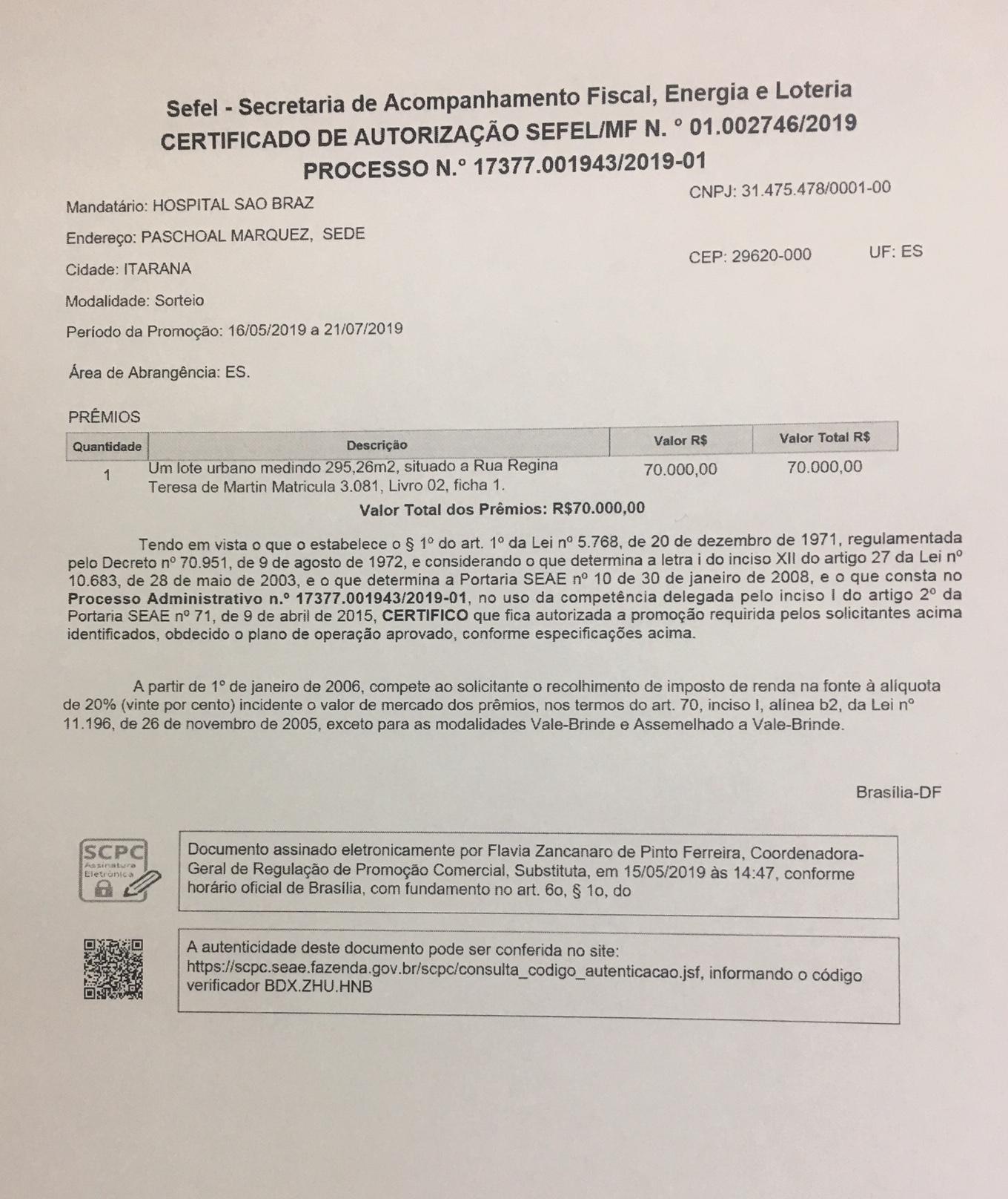  CERTIFICADO DE AUTORIZAÇÃO SEFEL/MF N. ° 01.002746/2019 