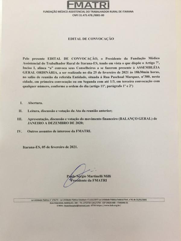 EDITAL DE CONVOCAÇÃO REUNIÃO ORDINÁRIA PARA PRESTAÇÃO DE CONTAS DO ANO DE 2020 (BALANÇO GERAL)