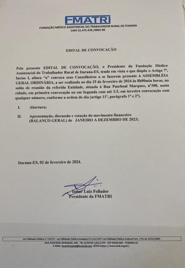 EDITAL DE CONVOCAÇÃO BALANÇO GERAL  "PRESTAÇÃO DE CONTAS"  JANEIRO A DEZEMBRO DE 2023